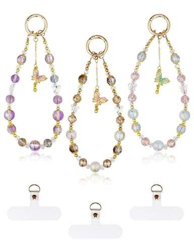 Bracelets en cristal pour téléphone et sac : lot de 3 bijoux perlés papillon
