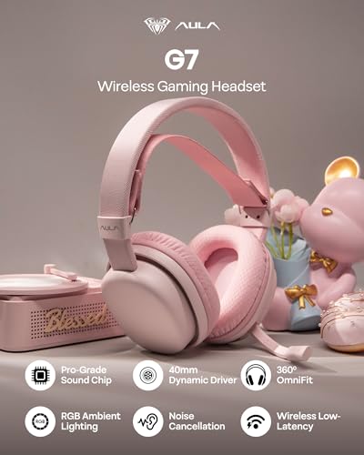 Image of MechLands Aula G7 Wireless Gaming Headset for PS4 /PS5 /PC /Switch, Over-Ear Headphones with Detachable Noise Canceling Mic, RGB, Surround Sound, 60H Battery, 2.4GHz /BT /Wired (Pink)