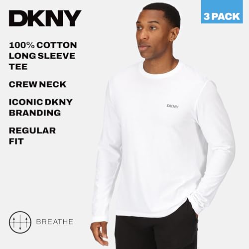 DKNY Hombres Camiseta de Manga Larga Negro/Blanco/Gris Paquete de 3 Medio