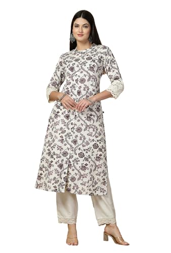Image of Pistaa's Women's Cotton Regular Fit A Line Regular A-Line Printed Cutwork Sleeve Kurta