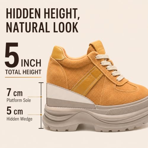 Image of Comfortable Women's Platform Sneakers, 5 Inch Heel Wedge Sneakers for Women, 12cm High Chunky Platform Shoes, Genuine Suede Leather Upper Casual Walking Shoes for Office Working Everyday wear