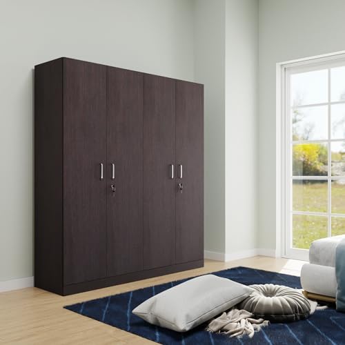 Image of VIKI Wardrobe | Wooden Almirah for Clothes,Door for Bedroom, 4 Door Wardrobe with Shelves & Hanging Space (Dark Wenge - 40D x 160W x 180H) | 1 Year Warranty | Free Assembly