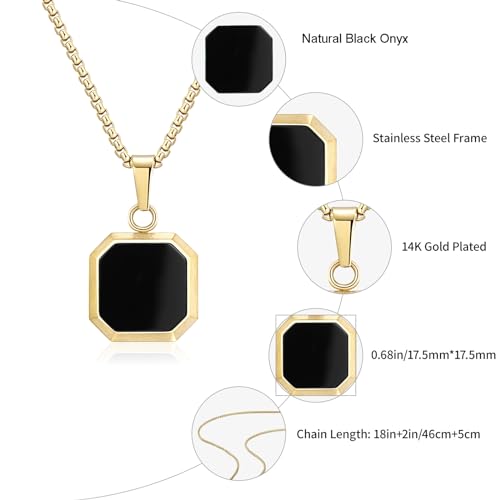 14K Gold Plated Necklace Black Onyx/Opal/Turquoise/Malachite/Lapis Lazuli/Tigers Eye Necklace for Men Women Stainless Steel Square/Rectangle Pendant Necklaces with Box Chain3