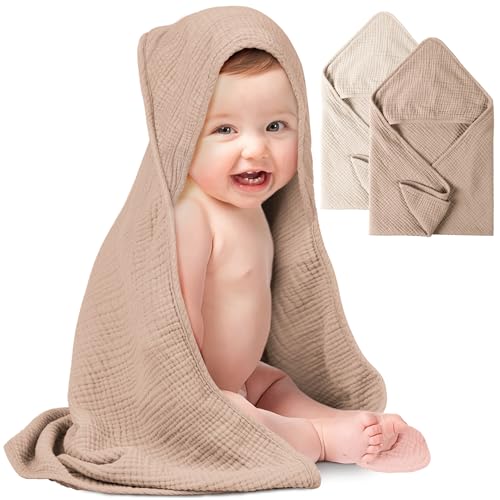 Image of Konssy 2-Pack Muslin Hooded Baby Towels, 100% Cotton, Ultra-Soft & Absorbent Baby Bath Towels with Hood for Newborn & Infant (Cream, Camel,32" x 32")