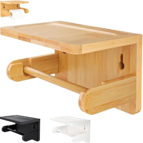 Portarrollos Papel Higiénico de Bambú con Estante para Móvil, Soporte Baño Pared sin Taladro o con Tornillos, Portarrollos Natural Resistente a la Humedad con Repisa Almacenaje