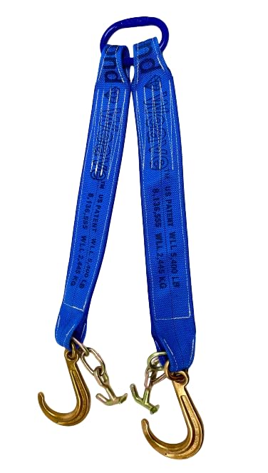 Towing V Bridle 4 inch x 24 inch with 8 inch J Hook and TJ Hook - Diamond Weave, 5,400 lbs WLL, Blue, Made in USA