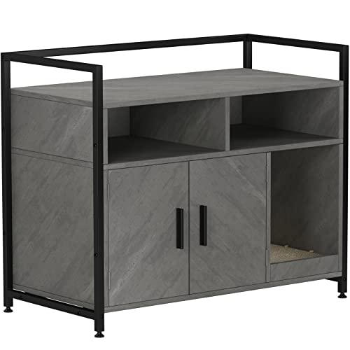 Gdlf Iron & Wood Sturdy Structure Large Pet Crate Cat Washroom Hidden Cat Litter Box Enclosure Furniture As Nightstand With Cat Scratch Pad Easy Assembly (Gray) #TOP5