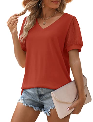 Image of Aokosor Womens Summer Tops V Neck T Shirts Swiss Dot Puff Sleeve Tops Loose Casual Tshirts