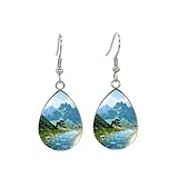 Qualitativ hochwertig Ohrringe in Tropfenform, Berg- und Flusslandschaft, Ölgemälde, Glaskuppel, Foto-Haken, Ohrringe, Geschenke für Freunde