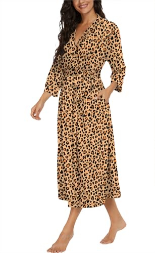 Image of VINTATRE Robes for Women Long Knit Bathrobe XS-4XL | 3 /4 Sleeve Bathrobes with Pockets, Stretchy and Lightweight Fabric, Inner Tie and Fixed Outer Matching Belt, Mid Calf Length