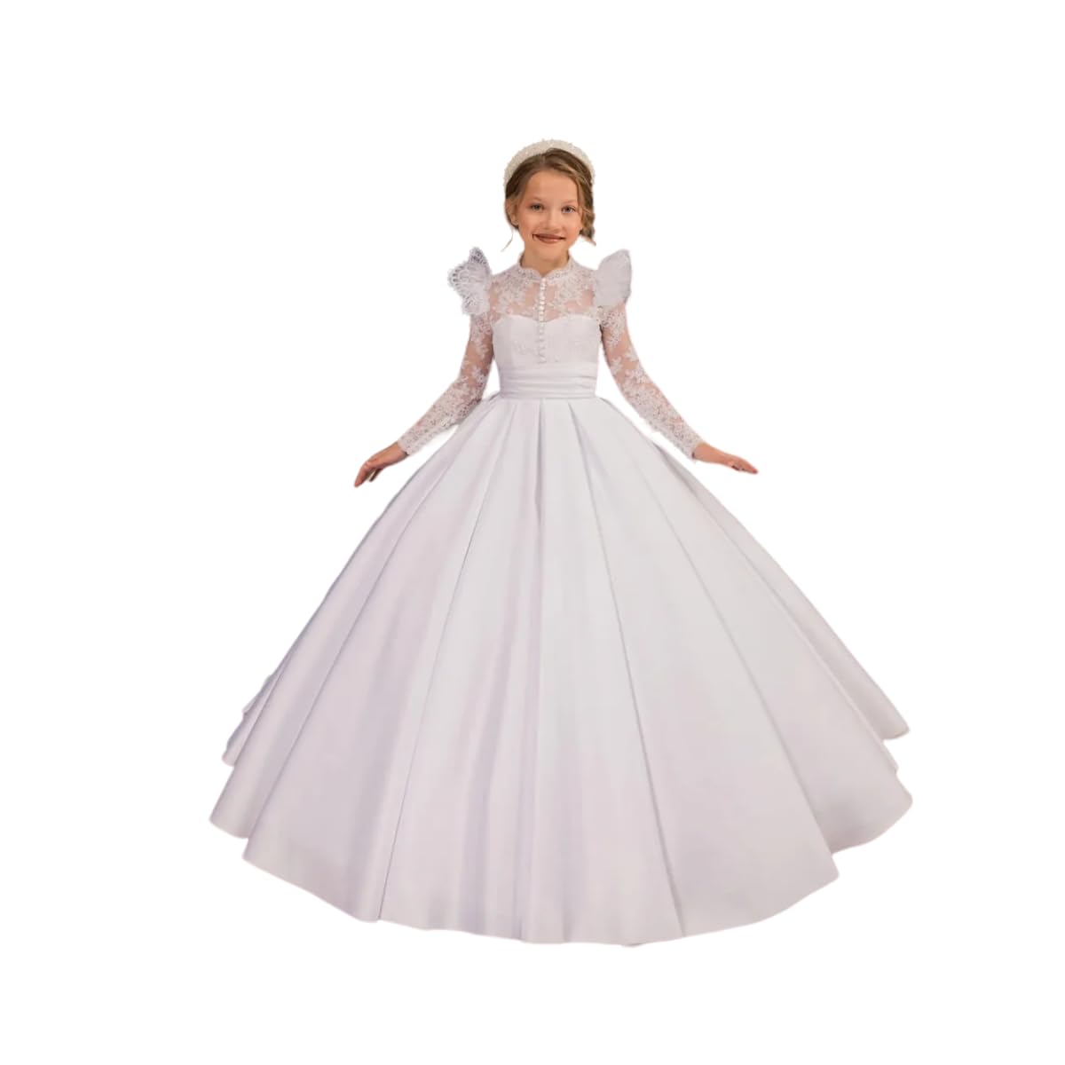 Abito da Prima Comunione in Pizzo Bianco per Ragazze Maniche Lunghe Raso Fiore Ragazze Vestito Princip