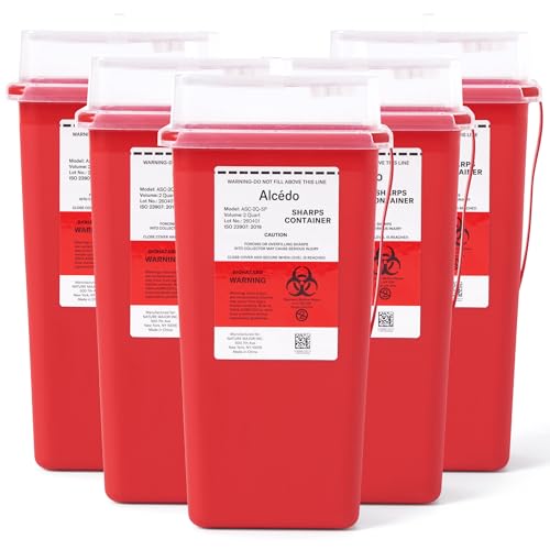Image of Alcedo Sharps Container for Home Use 2 Quart (5-Pack) | Biohazard Needle and Syringe Disposal | Small Portable Container for Travel and Professional Use
