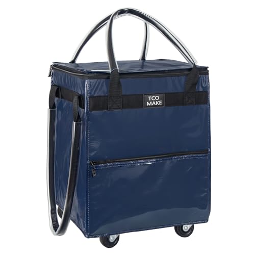 TCOMAKE Small DK Blue Reusable Grocery Bag on Wheels, Folding Rolling Tote