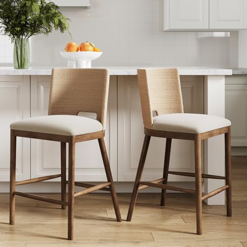 Image of Nathan James Webster Bohemian Round Back Bar Stool, Upholstered Bar Stool with Seagrass Backrest for Kitchen or Bar, Medium Brown Set of 2