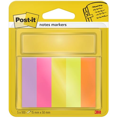 Post-it Marque-Pages En Papier, Pack de 5 Blocs, 15 mm x 50 mm, 100 Feuilles par Bloc, Couleurs Assorties - Pour Marquer, Surligner ou Codifier des Informations