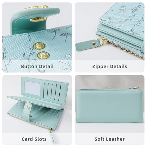 Womens Wallet, Cute Ladies Wallets for Women, Large Size Long Wallet with Coin Pouch for ID Cards Cash (Green)3