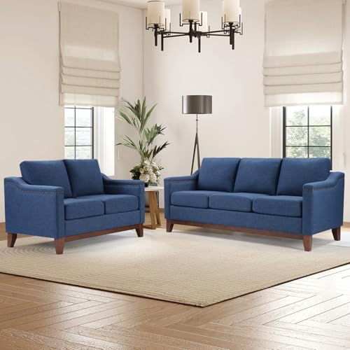 Image of HAOMARKETS Modern 2 Piece Sofa Set with Rivets, Included Chenille Loveseat 2-Seater Sofa and Upholstered 3-Seater Couches with Solid Wood Legs, Living Room Furniture Set,Blue