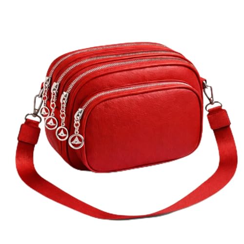 Bolsa Transversal Feminina Couro Sintético com 4 Zíperes, Alça Grossa Removível, Compacta e Versátil (Vermelho)