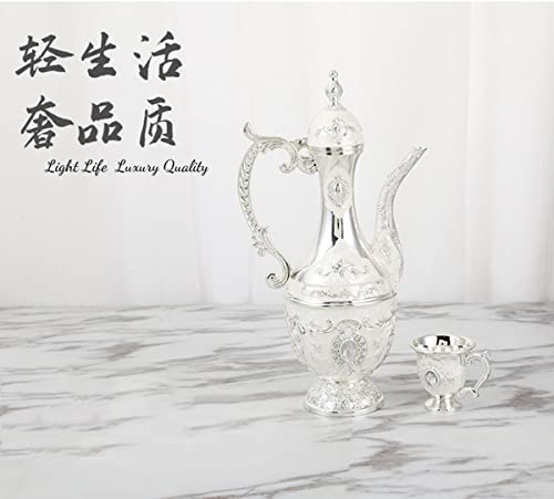 Godnoei Vintage Metal Turkish Coffee Pot Set Turkish Tea Set With 6 Luxury Coffee Cups & Craft Tea Tray Teapot For Serving Tea Zamzam Coffee Cappuccino,Gold Silver Ottoman Trim Weddin Gift #TOP3