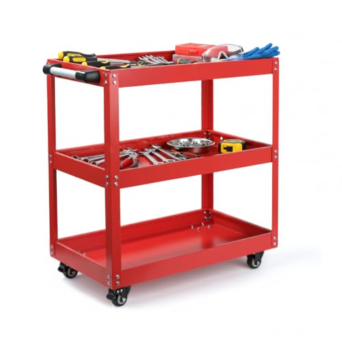 Denny - Carro de herramientas de 3 niveles con ruedas, carrito de almacenamiento de herramientas rodante con cerradura con asa, organizador de garaje y taller resistente para herramientas de bricolaje