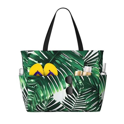 Tropical Palm Banana Leaves Print Waterproof Beach Bag For Womentote Bag Zipper And Pockets For Travel Vacation