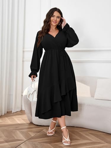 Womens Plus Size Wedding Guest Cocktail Maxi Dress Wrap V Neck Long Sleeve Ruffle Hem Split Long Dress4