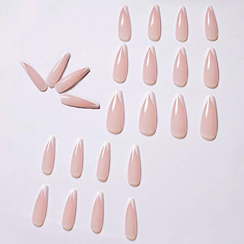 Vaveah 24 Pcs Press on Nails Coffin for Women, Extra Long Fake Nails Glue on Nails, French False Nails with Glue (Pink Mixed White)