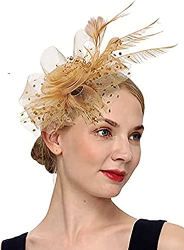 YVPSI Women\'s Fascinator with Headband and Clip,Small Flower Ribbon Mesh Feather Fascinator Hat for Women Durby Wedding Cocktail Tea Party Outfit Wear Gold