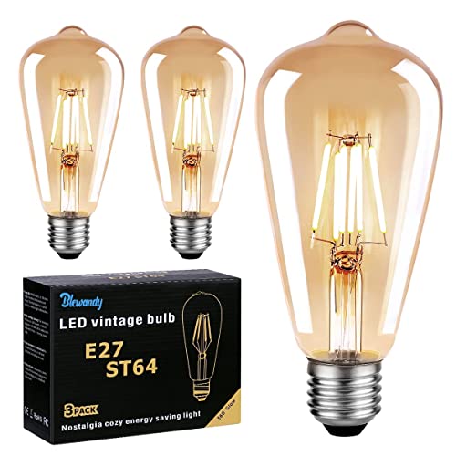 LED Edison Bulb E27, 6W Vintage Light Bulbs 60W Incandescent Equivalent, Retro LED Filament Bulb ST64 Amber Glass Edison Screw Lamp, 600LM 2700K Warm White, 3-Pack