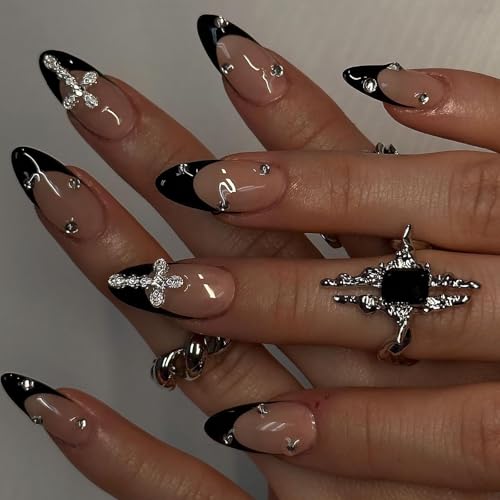 24 Pcs Handmade Almond Press on Nails Short Medium Fake Nails Black French Tip False Nails with Rhinestone Design Artificial Nails Holiday Glue on Nails Reusable Full Cover Stick on Nails for Women