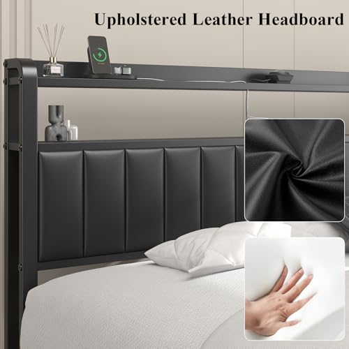 Image of King Size Platform Bed Frame with Storage Headboard, Star Projector, Black | Charging Station, Heavy-Duty Metal Slats, PU Leather Upholstered Platform, Storage Ottoman, Noise-Free, No Box Spring Needed