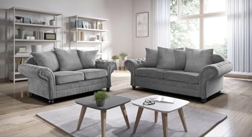 Rosemont Furniture - Nicole Chesterfield Corner Sofa 3 Seater 2 Seater Black Grey Cream Fabric Chenille (Grey, 3+2 Scatterback)