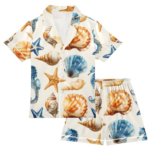 ALAZA Seahorse Shell White Satin Pajamas Set Short Sleeve Button Down Sleepwear Summer Pjs 2 Piece