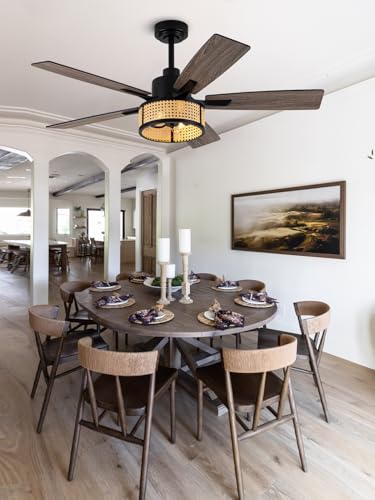Image of 52 Inch Boho Ceiling Fan with Lights Remote Rattan Caged Chandelier Fan Farmhouse Rustic Fandelier, 5 Dual Blades, Reversible Quiet DC Motor 6 Wind Speeds Timer for Bedroom Patio
