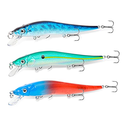 Booms Fishing Mi2 Topwater Fishing Lures Floating Minnow Hard Baits Bass Trout Jerkbait For Freshwater Saltwater Fishing Accessories, 3Pcs Mixed Colors Fish Lure Kit #TOP23