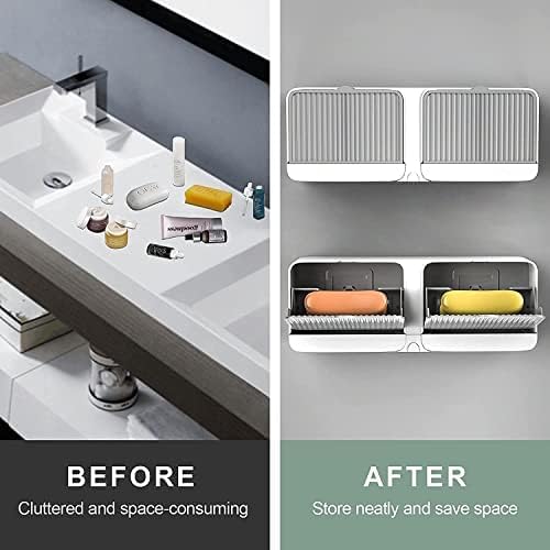 SILENCIO Creative Wall Soap Box with Lid Double Mesh Standing Soap Dryer Holder Flip Wall Mounted Double Soap Holder with Drain Tray Bathroom Drain Soap Dish - Plastic -Random Color (1) 1
