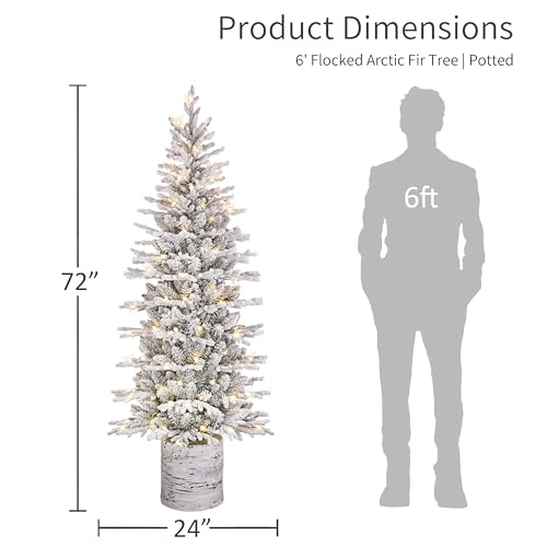 Puleo International 6ft Pre-Lit Potted Flocked Arctic Fir Pencil Christmas Tree with 120 Warm White Lights, 1325 Realistic Dense Snow Flocked Branch Tips, Easy Setup Artificial Trees with Sturdy Stand - Image 4