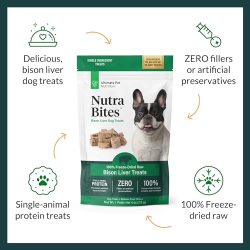 ULTIMATE PET NUTRITION Nutra Bites Freeze Dried Raw Single Ingredient Training Treats Food Topper for Dogs, 4 Ounces, Bison Liver ULTIMATE PET NUTRITION Nutra Bites Freeze Dried Raw Single Ingredient Training Treats Food Topper for Dogs, 4 Ounces, Bison Liver