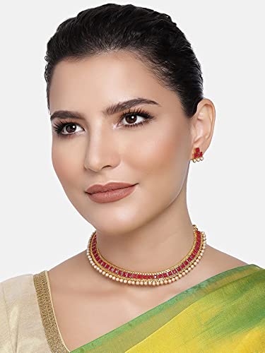 Image of I Jewels Gold Plated Traditional White Choker Necklace Jewellery Set For Women /Girls (MC119)