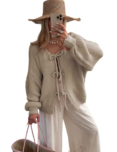 SKIKYAN Women Bowtie Oversized Knit Sweater Cardigan Y2K Long Sleeve V Neck Open Front Casual Knitwears