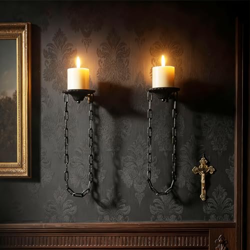 We Moment Zone 2 Stück Kerzenhalter Wand Vintage Hängende Metall Wandkerzenhalter für Wanddeko Schwarz Gothic Retro Ketten Metall Wandhalterung Kerzenständer Deko