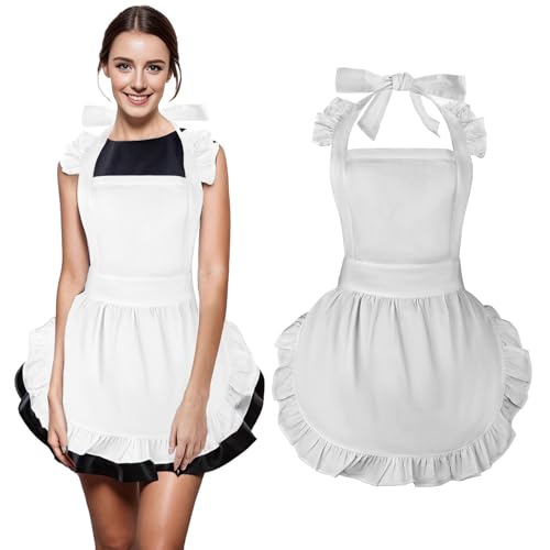 Aspire Tablier de cuisine Restaurant pour femme, Noël Cosplay Maid Tablier à volants Blanc, Tablier de travail de serveuse