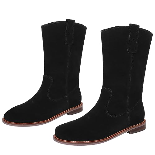 LEHOOR Women Flat Heel Western Boots Round Toe Suede Mid Calf Cowboy Boots Wide Calf Pull On Low Chunky Block Heel Short Riding Boot Stretch Comfort Fashion Casual Fall Winter Dress Booties 4-11 M US