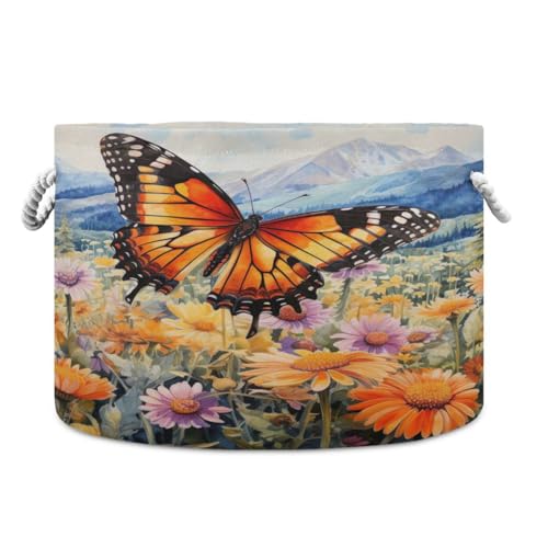 Round Orange and Black Butterfly Flower Storage Basket Large Organizer Bin Laundry Hamper Toy Storage Basket with Handle for Nursery Clothes Toys 202b4426