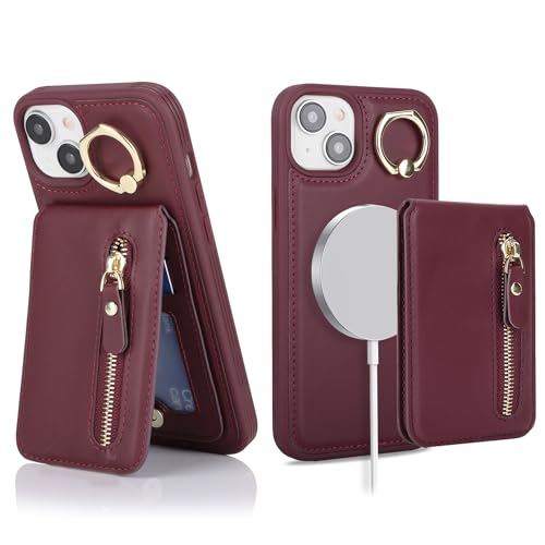 ?????? for iPhone 14 plus Case for women with Card Holder iphone 14 plus phone case magsafe compatible leather zipper phone wallet detachable 2-in-1 magnetic-Wine Red