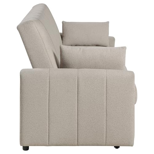 Sleeper Sofa, Sofa Bed, Latte Bouclé Convertible Sleeper Sofa, Pull-Out Couch with Casters and Matching Bolster Pillows, Channel Tufted Fabric Sofa for Living Room and Den, 59.75 Inch - Image 6