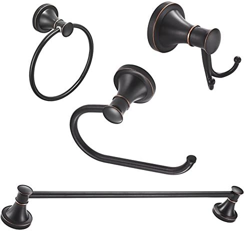 BESy Oil Rubbed Bronze 4 Piece Bathroom Accessories Set ( Single Towel Bar, Towel Ring, Toilet Paper Holder, Double Towel Hooks ) , Wall Mounted Bath Hardware Accessory Fixtures Set