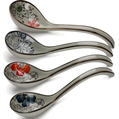 4 Stück Suppenlöffel,Asiatische Keramik Chinesische Japanischer Suppenlöffel Retro-Stil Ramen Löffel für Suppe Dumplings Pho Wonton Miso