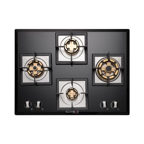 BLOWHOT Krypton 4B Battery Operated Built-Manual In Gas Hob Heavy Full Brass Multi Flame Function|Toughened Glass Top One Jumbo Triple Ring,Two Double Ring Burner And One Small Burner-Black