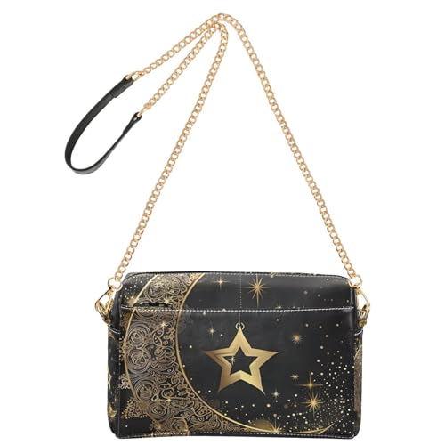 Gold Star Moon Black Crossbody Bags for Women, Small PU Leather Crossbody Purses and Handbags for Shopping Travel2